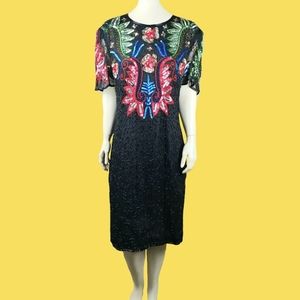 Vintage 80s Sweelo Art Deco Beaded Dress